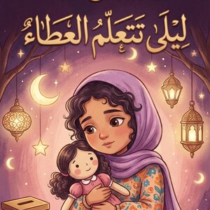 May include: Illustration of a young girl holding a doll, with the title "Layla Learns to Share" in gold script. The image features a warm color palette with stars, lanterns, and a donation box.