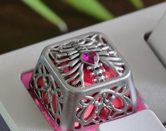Skeleton Heart Artisan Keycap, Metal, Translucent, Faux Gemstone, Mechanical Keyboard
