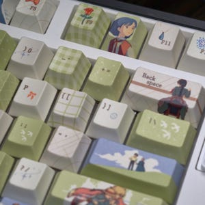 May include: Close-up of a computer keyboard with custom keycaps. The keycaps feature various designs, including illustrations of characters, floral patterns, and geometric shapes. The color scheme includes white, green, and pastel tones.
