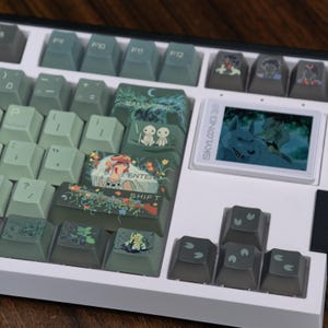 May include: A white mechanical keyboard with custom keycaps featuring anime-style illustrations. The keycaps are various shades of green and gray, with images of characters and scenes. The keyboard has a small screen displaying a wolf and a woman.