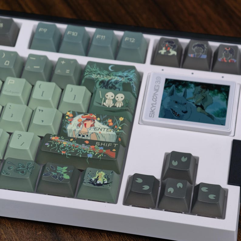 May include: A white mechanical keyboard with custom keycaps featuring anime-style illustrations. The keycaps are various shades of green and gray, with images of characters and scenes. The keyboard has a small screen displaying a wolf and a woman.