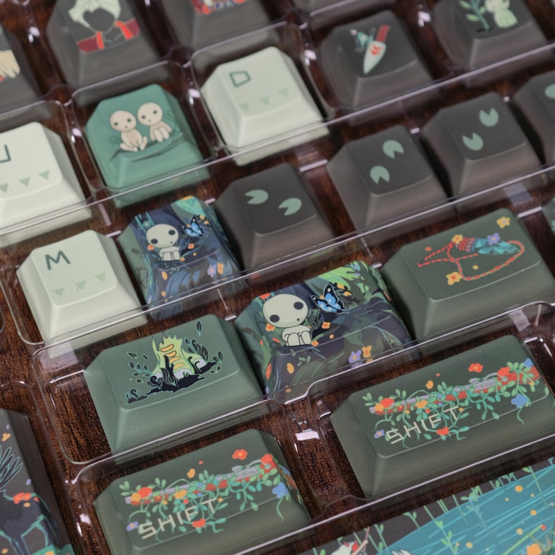 May include: A collection of custom keycaps with various designs, including forest scenes, butterflies, and characters. The keycaps are arranged in a clear plastic tray, showcasing their unique artwork and colors. Some keycaps have the word "SHIFT" printed on them.