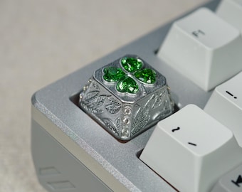 Silver Metal Clover Keycap 1u, Green Crystal Inlay, Custom Artisan Keycap, Cherry MX Compatible