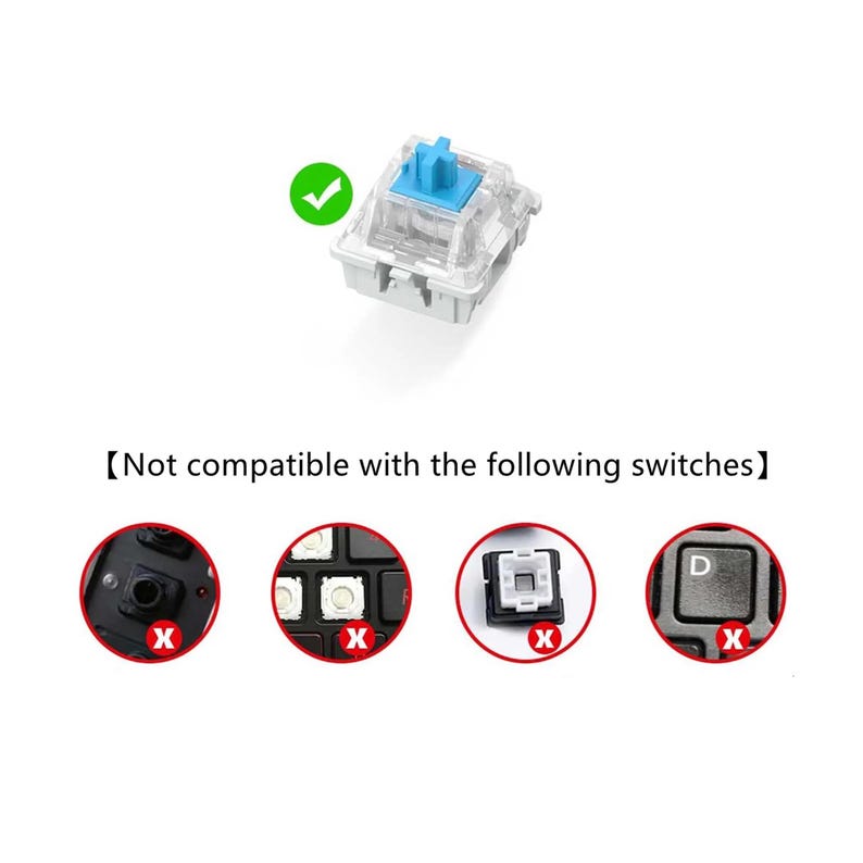May include: A clear mechanical keyboard switch with a light blue stem and a green checkmark. The image also shows examples of switches that are not compatible with the featured switch.