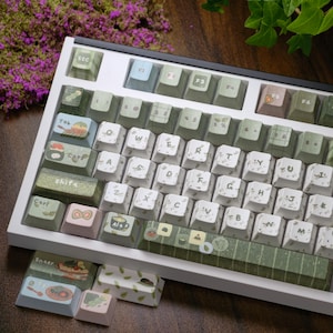 May include: A white mechanical keyboard with custom keycaps. The keycaps feature a variety of designs, including food illustrations and leaf patterns. The keyboard has a white frame and a dark top edge. The keycaps are a mix of white, green, and pastel colors.