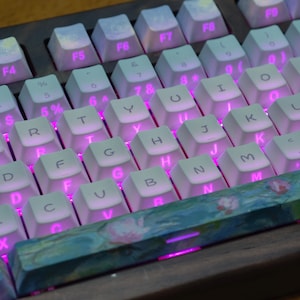May include: A mechanical keyboard featuring white keycaps with black lettering and vibrant pink backlighting. The spacebar displays a detailed floral pattern in shades of blue, green, and pink, set against a dark wooden keyboard frame.
