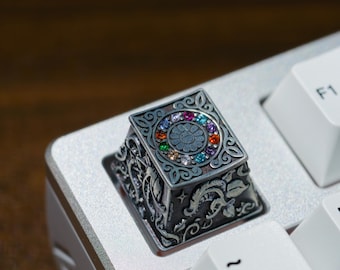 Custom Metal Keycap | Handcrafted Birthstone Inlay Artisan Keycap with Sunflower Engraving |  Gamer Gift