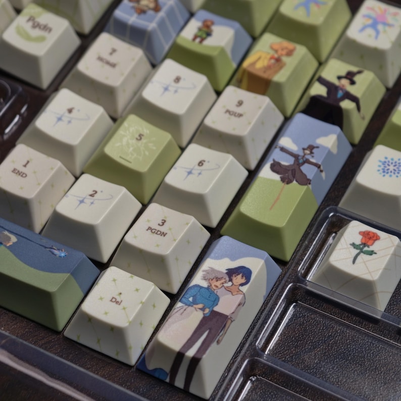 May include: A collection of custom keyboard keycaps with various designs. Some keycaps feature illustrations of characters and scenes, while others have numbers and symbols. The keycaps are in a variety of colors, including white, green, and blue.