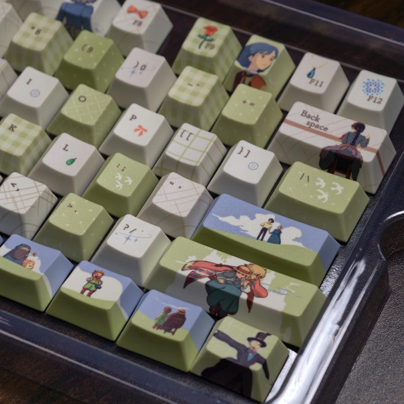 May include: A collection of custom keyboard keycaps. The keycaps feature various designs, including illustrations of characters, patterns, and text. The color palette includes shades of green, white, and blue. Some keycaps have the text "Back space", "F11", and "F12".
