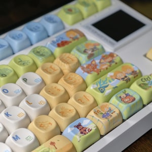 Puede incluir: Primer plano de un teclado personalizado con teclas coloridas. Las teclas presentan varias ilustraciones y dise&ntilde;os, incluyendo personajes de dibujos animados y escenas de la naturaleza. El teclado tiene un marco blanco y una peque&ntilde;a pantalla. Las teclas son en tonos de azul, verde, amarillo y blanco.
