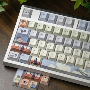 May include: A custom mechanical keyboard with a white frame and a variety of keycap designs. The keycaps feature illustrations of anime characters and scenes in pastel colors. The keyboard has a standard QWERTY layout.