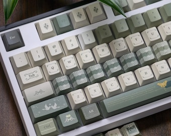 Cottagecore Green Floral Artisan Keycap Set 140 Keys PBT For Cherry MX Mechanical Keyboards