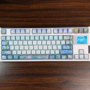 May include: A mechanical keyboard with a white frame and custom keycaps featuring an impressionist water lily painting. The keys display light blue letters, and a small digital screen on the right side shows the text SKYLOONG 3.0 with a blue image.