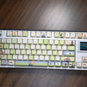 May include: A white mechanical keyboard with custom keycaps featuring cartoon illustrations and a small screen. The keycaps have a mix of white and light green colors, with various character designs. The keyboard is on a wooden surface.