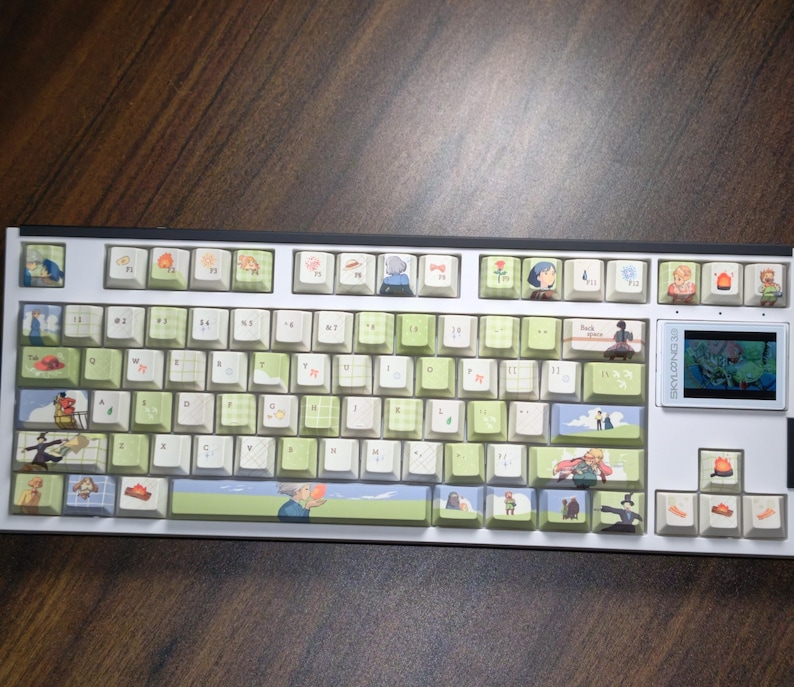 May include: A white mechanical keyboard with custom keycaps featuring cartoon illustrations and a small screen. The keycaps have a mix of white and light green colors, with various character designs. The keyboard is on a wooden surface.