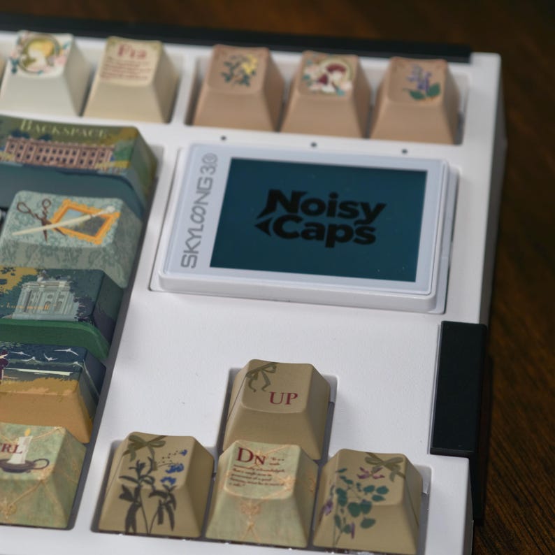 May include: A close-up of a keyboard with custom keycaps. The keycaps have various designs, including floral patterns and architectural illustrations. The keyboard also features a screen with the text "Noisy Caps".