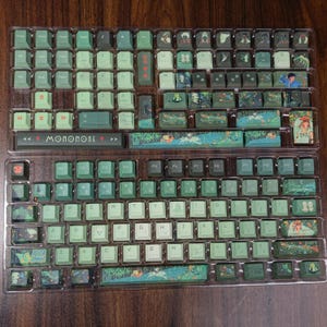May include: A set of green and white keycaps for a mechanical keyboard, featuring custom artwork and the word "MONONOKE". The keycaps are arranged in a clear plastic tray, ready for installation. The design includes illustrations of characters and scenes.