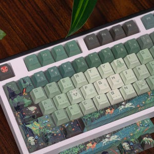 May include: A custom mechanical keyboard with green and white keycaps. The keycaps feature various illustrations, including forest scenes and characters. The keyboard has a white frame and a dark wooden surface in the background.