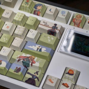 May include: A custom keyboard with keycaps featuring anime-style illustrations. The keycaps have a variety of designs, including characters, landscapes, and patterns in shades of green, white, and blue. The keyboard also has a small screen.