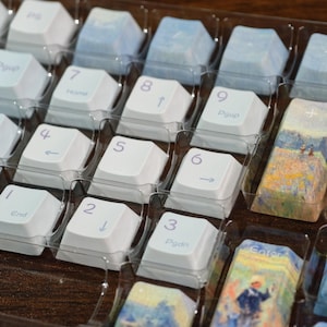 May include: A set of replacement mechanical keyboard keycaps arranged in a clear plastic tray. The keys include white numeric keypad caps with purple legends and several custom keycaps featuring colorful impressionist-style landscape paintings.