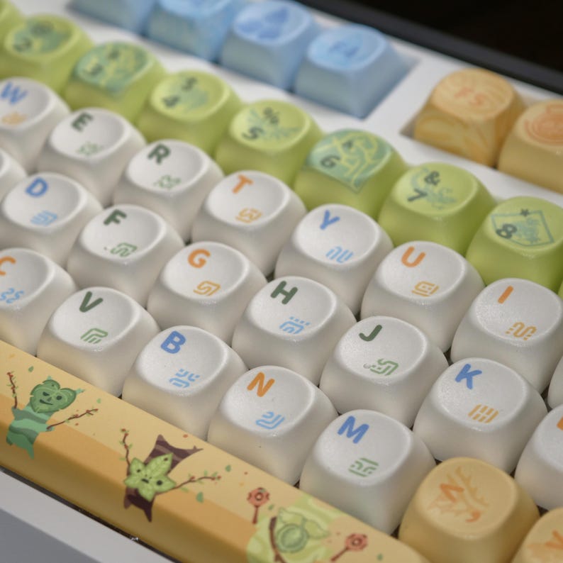 Puede incluir: Primer plano de un teclado mec&aacute;nico personalizado con teclas blancas. Las teclas est&aacute;n etiquetadas con letras y s&iacute;mbolos en varios colores, incluyendo naranja, verde y azul. La barra espaciadora tiene un dise&ntilde;o decorativo con personajes de dibujos animados.