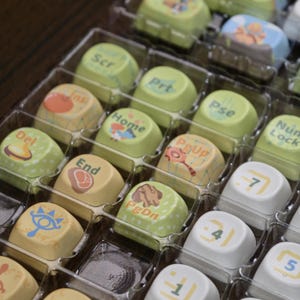 Puede incluir: Una colecci&oacute;n de teclas personalizadas en una bandeja de pl&aacute;stico transparente. Las teclas son de varios colores, incluyendo verde, amarillo y blanco, y presentan iconos y texto impresos como "Home", "End" y n&uacute;meros. Las teclas son para un teclado.