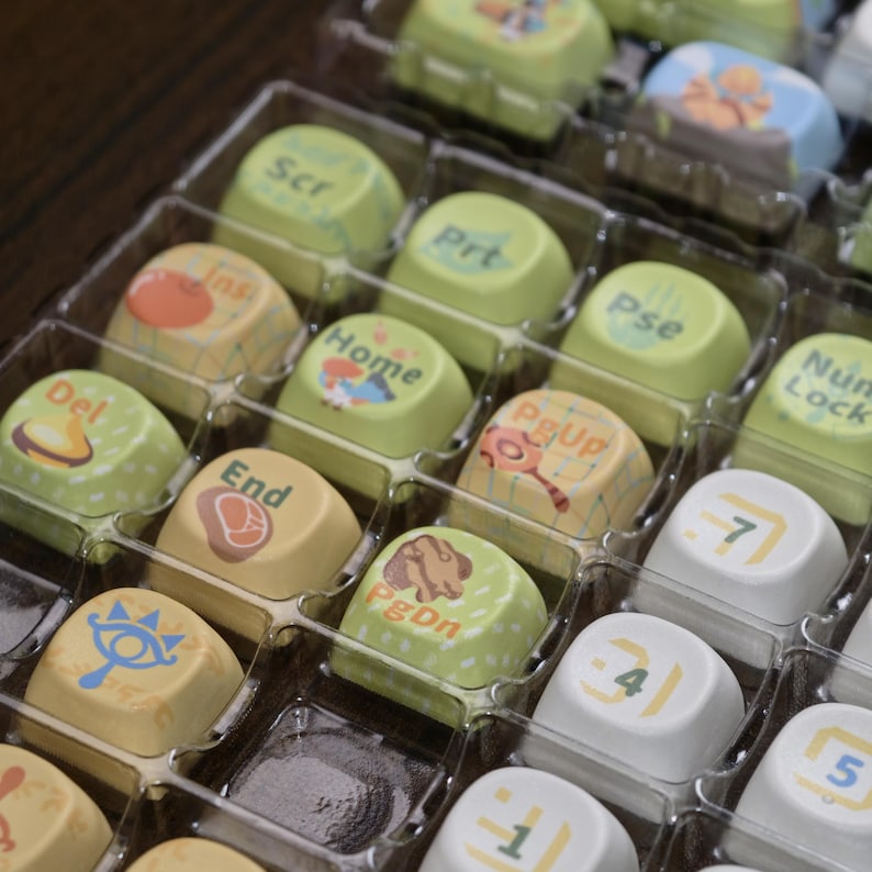 Puede incluir: Una colecci&oacute;n de teclas personalizadas en una bandeja de pl&aacute;stico transparente. Las teclas son de varios colores, incluyendo verde, amarillo y blanco, y presentan iconos y texto impresos como "Home", "End" y n&uacute;meros. Las teclas son para un teclado.