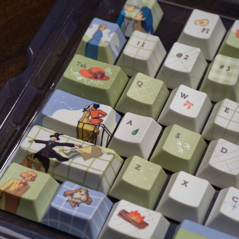 May include: A collection of custom keyboard keycaps featuring various designs. Some keycaps have illustrations of anime characters, while others have symbols and letters. The keycaps are in shades of green, white, and blue.