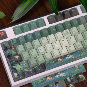 Può includere: Una tastiera meccanica personalizzata con tasti verdi e bianchi, decorata con illustrazioni a tema natura. La tastiera ha una cornice bianca e vari design di tasti, tra cui scene di foresta e arte di personaggi.