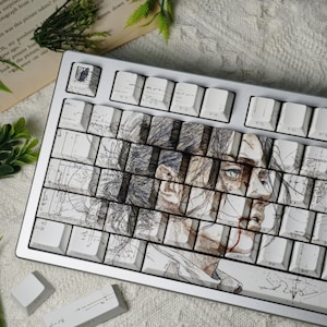 May include: A silver mechanical keyboard with custom keycaps. The keycaps feature a detailed illustration of a person's face with brown and grey tones. Some keys have map-like designs and text.