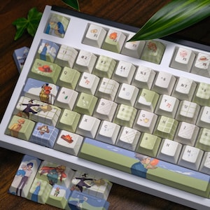 Può includere: Una tastiera meccanica bianca con tasti personalizzati. I tasti presentano illustrazioni e colori pastello. La tastiera ha un layout standard con tasti alfanumerici, tasti funzione e un tastierino numerico. I tasti hanno vari disegni.