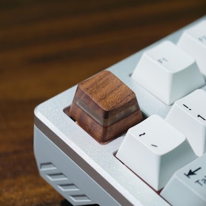 May include: A close-up shot of a custom keyboard featuring a distinctive wooden keycap. The keycap is rectangular, with a dark brown wooden top and bottom, separated by a clear resin layer. The keyboard has a silver frame and white keys.