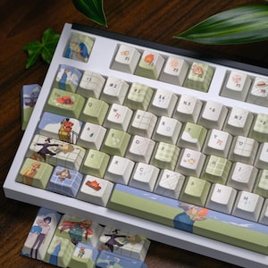 May include: A white mechanical keyboard with custom keycaps featuring various illustrations and patterns. The keycaps have a mix of colors, including green, white, and blue, with images of characters and objects. The keyboard is angled, with additional keycaps visible below.