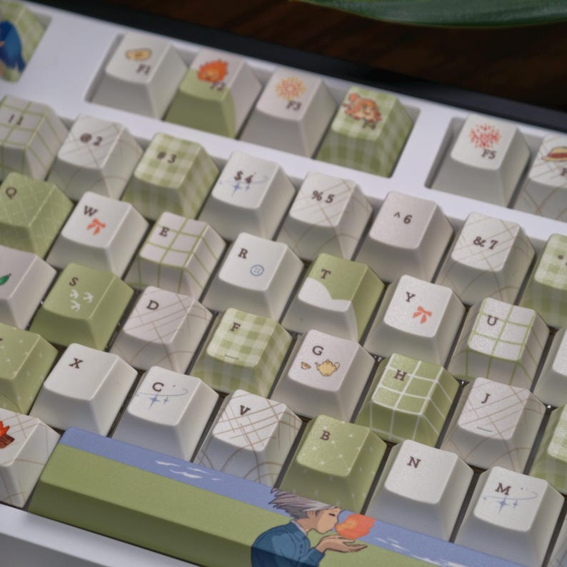 May include: A close-up of a white mechanical keyboard with custom keycaps. The keycaps feature various designs, including floral patterns, geometric shapes, and illustrations. The color scheme includes white, green, and beige, creating a visually appealing aesthetic.