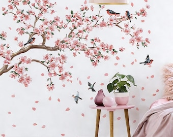 Cherry Blossom Tree Wall Stickers Hanging Vines with Flower Wall Decals Bird Wall Stickers Peel and Stick Bedroom Living Room Wall Art Decor