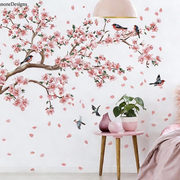 Cherry Blossom Tree Wall Stickers Hanging Vines with Flower Wall Decals Bird Wall Stickers Peel and Stick Bedroom Living Room Wall Art Decor