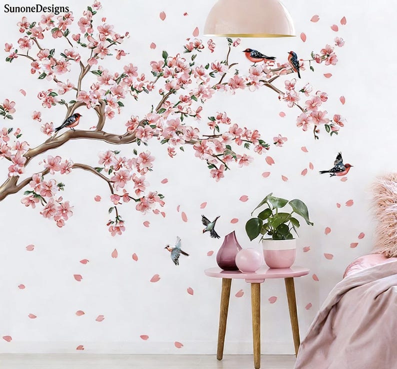 Cherry Blossom Tree Branch Wall Decals Tree Sticker Pink Flower Birds ...