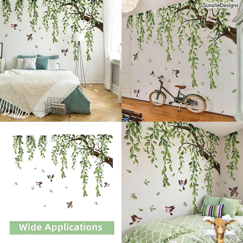 Large Green Tree Wall Stickers, 3 Sheets Hanging Vine Tree Wall Decals ...