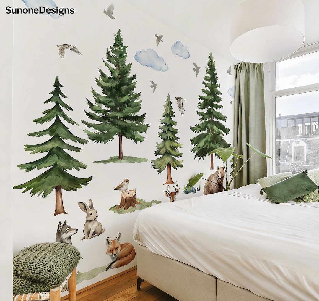 Large Pine Tree Decals, Forest Animal Wall Stickers, Foxes, Wolves ...