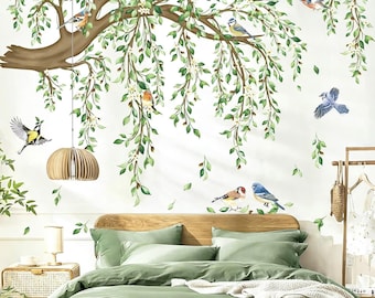 Large Green Tree Branch Wall Decals tree wall sticker Green Hanging Vine Leaves Birds Wall Stickers for Living Room Tv Background Bedroom