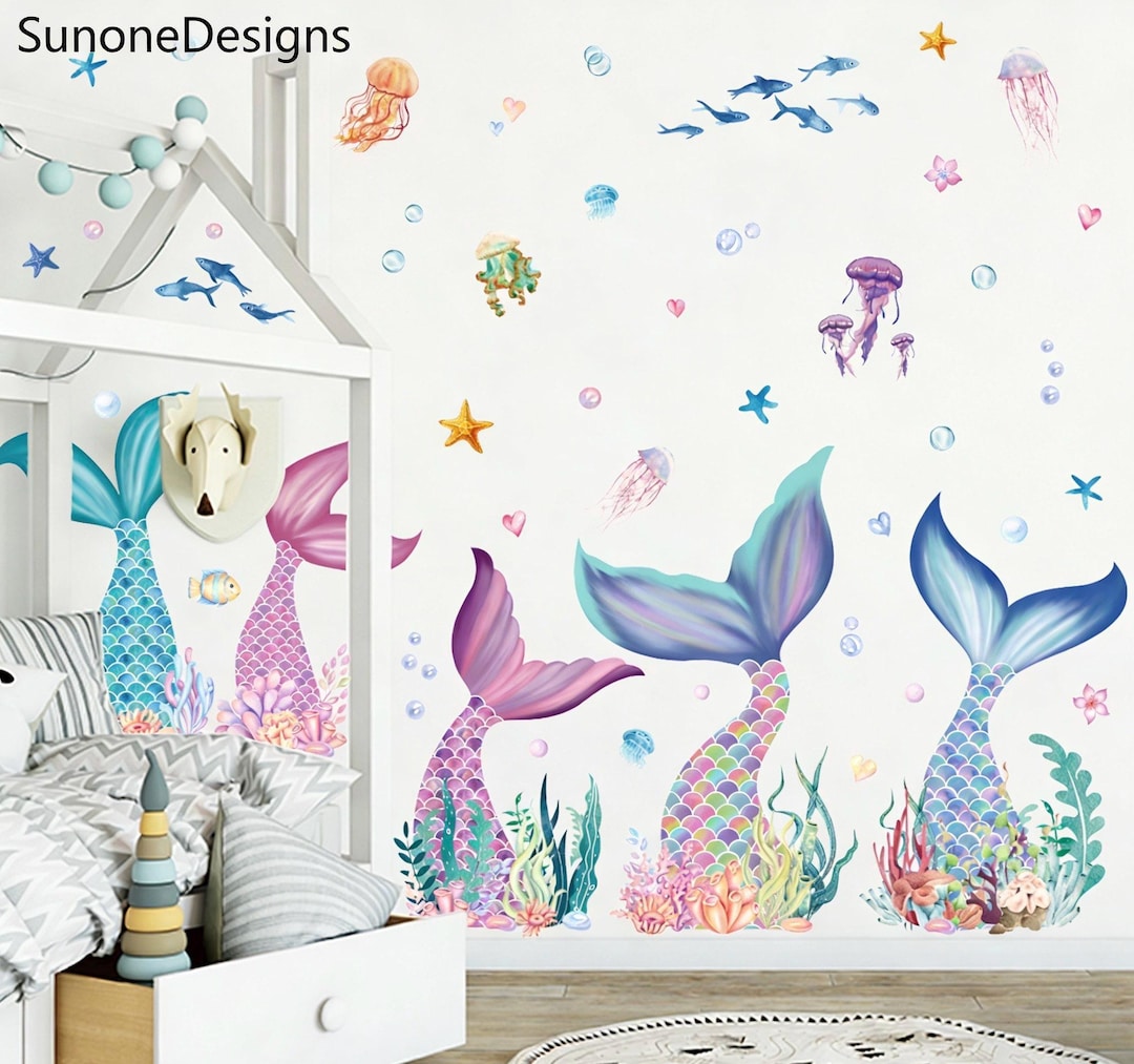 Mermaid Tail Wall Stickers Under the Sea Mermaid Bubble Seaweed DIY ...