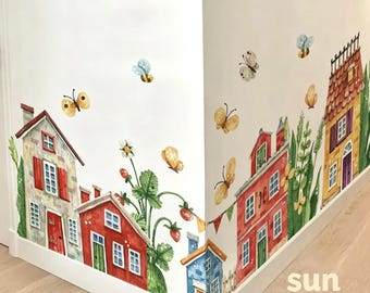 Garden House Wall Stickers Watercolor House Wall Decor Butterfly wall Decals Houses Decor for Bedroom Nursery Livingroom Playroom Kids Room