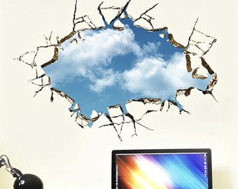 Clouds Wall Decal, Clouds in Sky Mural, Hole in the Wall 3d Sky Wall Sticker, Self-Adhesive 3d Wall Decal, Broken Wall 3d Effect Mural Home