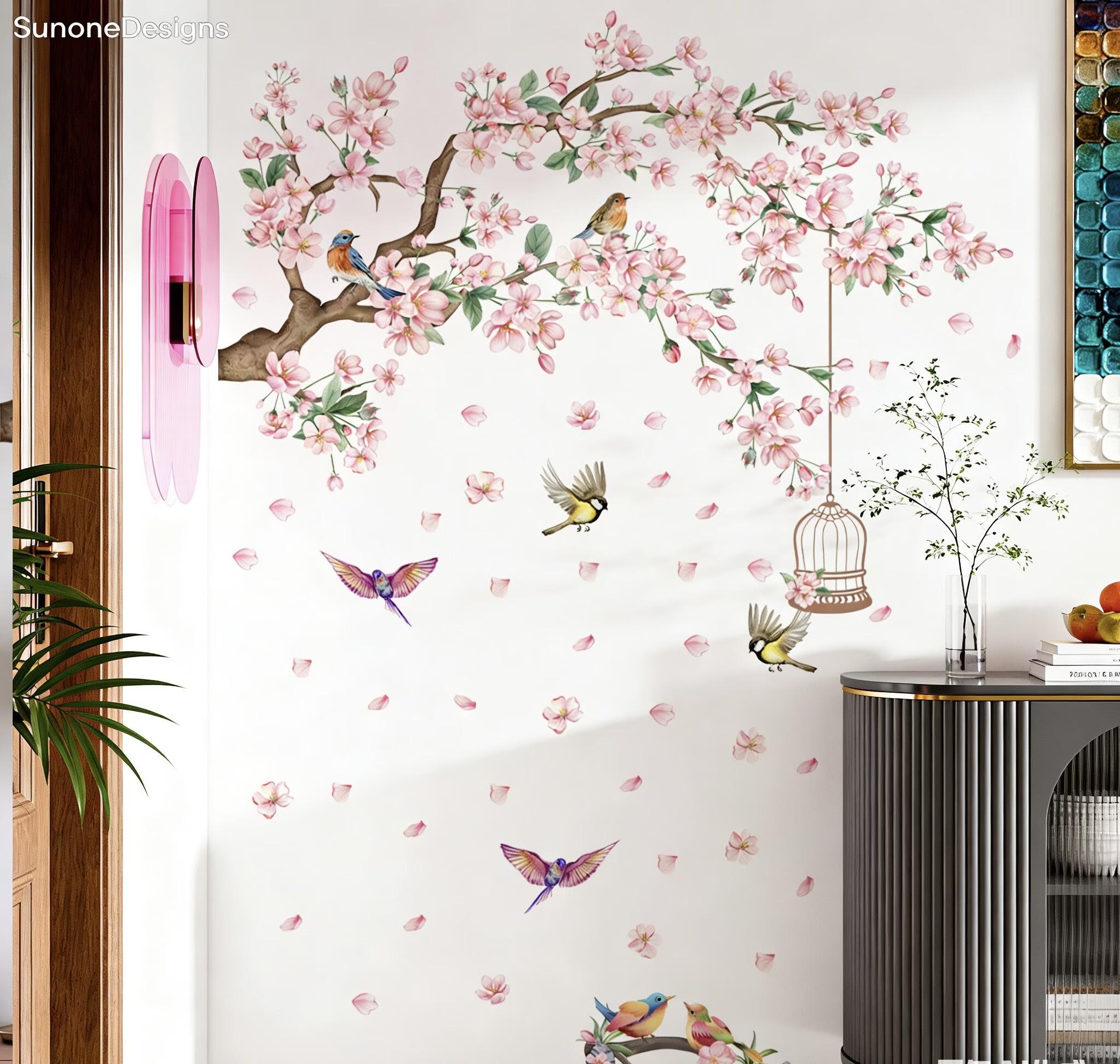 Cherry Blossom Tree Branch Wall Decals Tree Sticker Pink Flower Birds ...