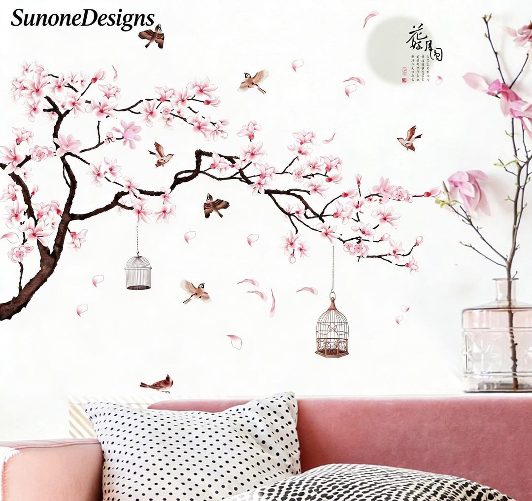 Large Pink Flower Tree Branch Wall Decals Cherry Blossom Tree Floral ...