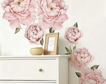 Large Floral Wall Sticker Set,Peonies Wall Decals,Pink White Flowers Peel and Stick for Living Room Nursery Dining Space