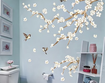 White Magnolia Tree Wall Decals DIY Tree Murals Peel and Stick, Trees Flowers Wall Decor Stickers, White Branches Corner Wall Art