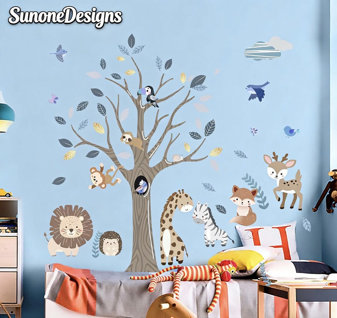 Jungle Animals Tree Wall Decals Fox Giraffe Lion Safari Wall Stickers ...