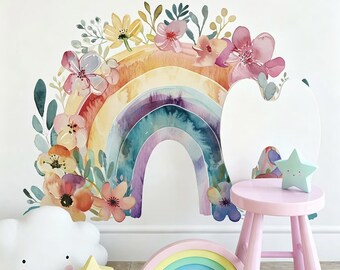 Rainbow wall decals, watercolor rainbow stickers, flower wall stickers Peel and Stick Living Room Bedroom Sofa TV Background Art Home Decor