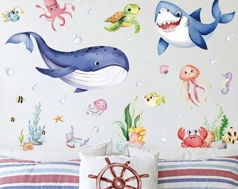 Ocean World decals, seaweed turtle stickers, coral wall stickers, waterproof bathroom decals, glass Kids Room Playroom Decor